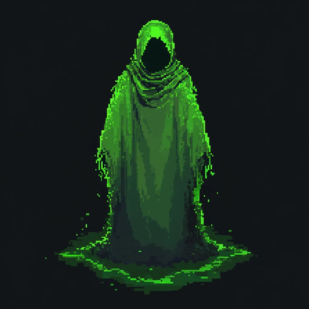 A pixel art depiction of a hooded figure cloaked in a vibrant green robe. The robe appears to be dissolving or melting, leaving a pool of green liquid on the ground.  The figure's face is obscured by the deep hood, adding to its mysterious and potentially ominous aura. The dark background contrasts sharply with the bright green, emphasizing the figure's otherworldly quality.