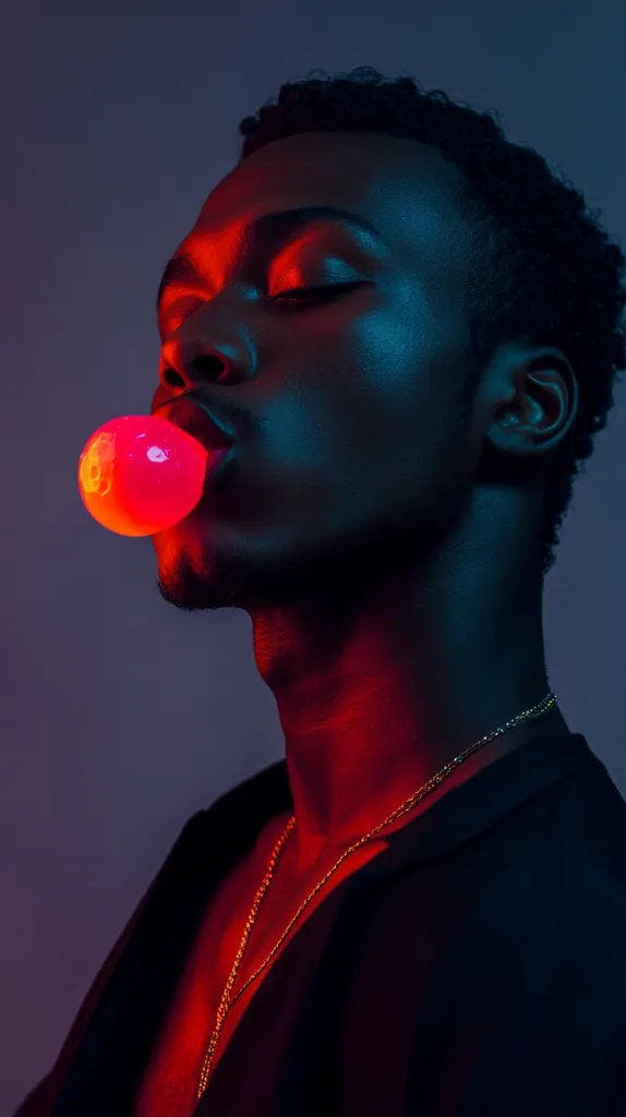 Close-up portrait of a young Black man with his eyes closed, illuminated by red and blue lighting. He's blowing a glowing red bubblegum, his face and neck bathed in contrasting colors.  He wears a dark collared shirt and a gold chain. The image has a dramatic, artistic style.
