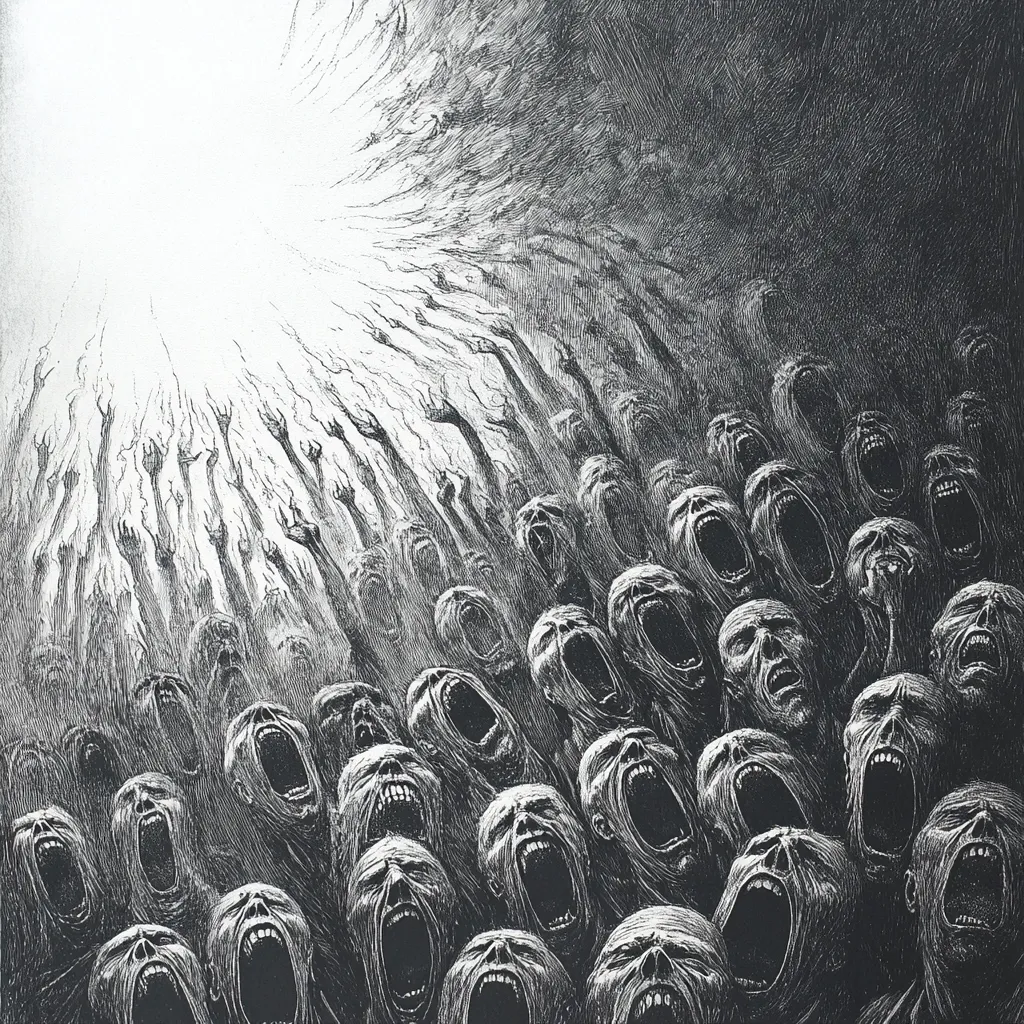 A dramatic black and white illustration depicts a multitude of figures with open mouths, screaming towards a bright, white light source above.  Their upraised arms and anguished expressions create a sense of intense suffering and desperation. The contrast between the dark, chaotic mass and the radiant light emphasizes the theme of torment and possible hope. The detailed, textured style enhances the overall feeling of dread and powerful emotion.