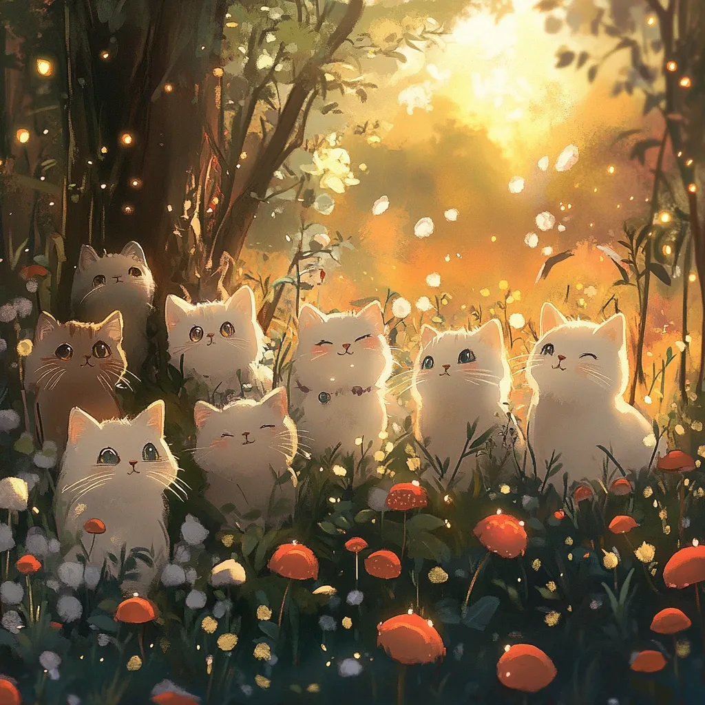 A whimsical illustration depicts eight adorable kittens nestled amongst a vibrant field of flowers and glowing mushrooms.  The kittens, mostly white with varying shades of cream and orange, are gathered near a large tree trunk under a warm, golden sunset.  Fireflies twinkle in the air, enhancing the magical atmosphere. The overall style is soft, dreamy, and evokes a sense of peace and tranquility.