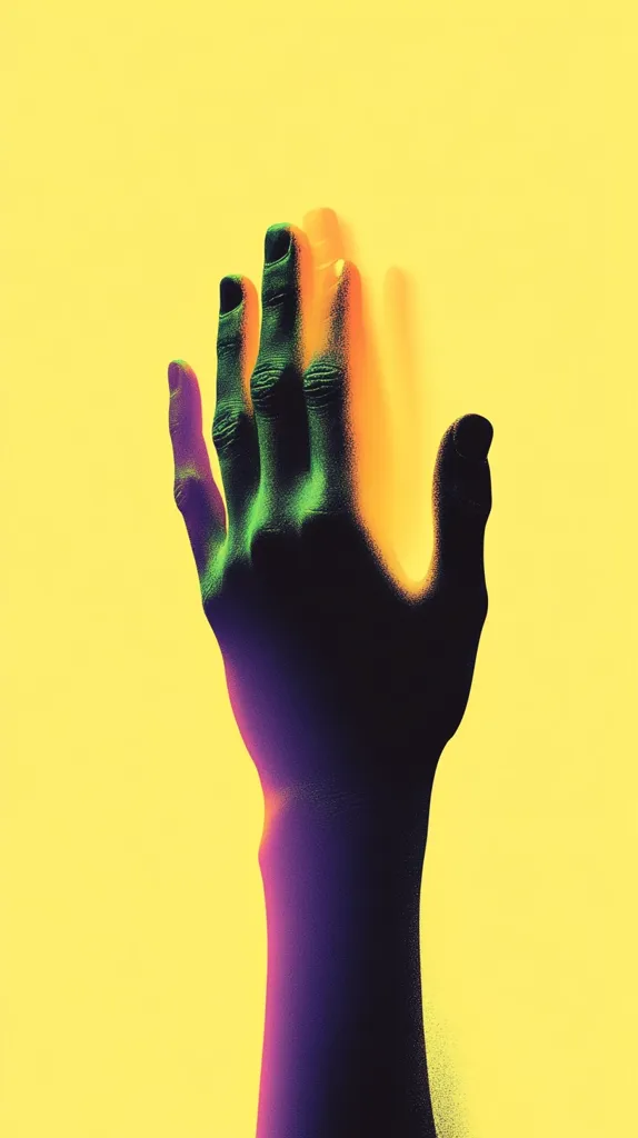 A stylized image of a hand reaching upward against a vibrant yellow background. The hand is rendered in a dark, almost shadowy hue with iridescent highlights of green and purple, creating a surreal and otherworldly effect.  The contrast between the dark hand and the bright background emphasizes the gesture, suggesting a sense of reaching or yearning. The overall aesthetic is modern and artistic.