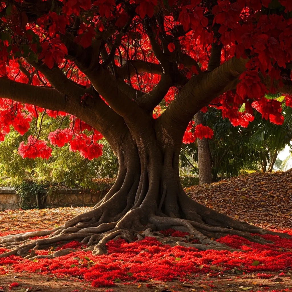 A majestic tree with a thick, gnarled trunk and sprawling roots dominates the scene.  Its branches are laden with vibrant crimson blossoms, creating a breathtaking canopy.  Fallen petals carpet the ground, forming a sea of red around the base of the ancient tree.  The surrounding landscape is a mix of green foliage and brown leaves, suggesting a tranquil park or garden setting bathed in sunlight.