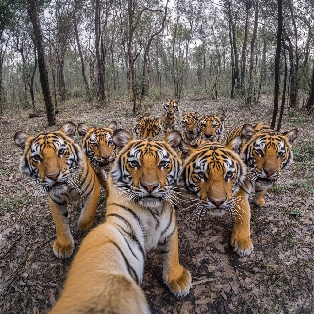 A group of tigers, including cubs, pose for a selfie in a forest setting.  The central tiger extends its paw, mimicking a human taking a self-portrait. The tigers' expressions vary from curious to alert, showcasing their striking orange and black stripes. The background is a dense woodland, enhancing the wild beauty of the scene.