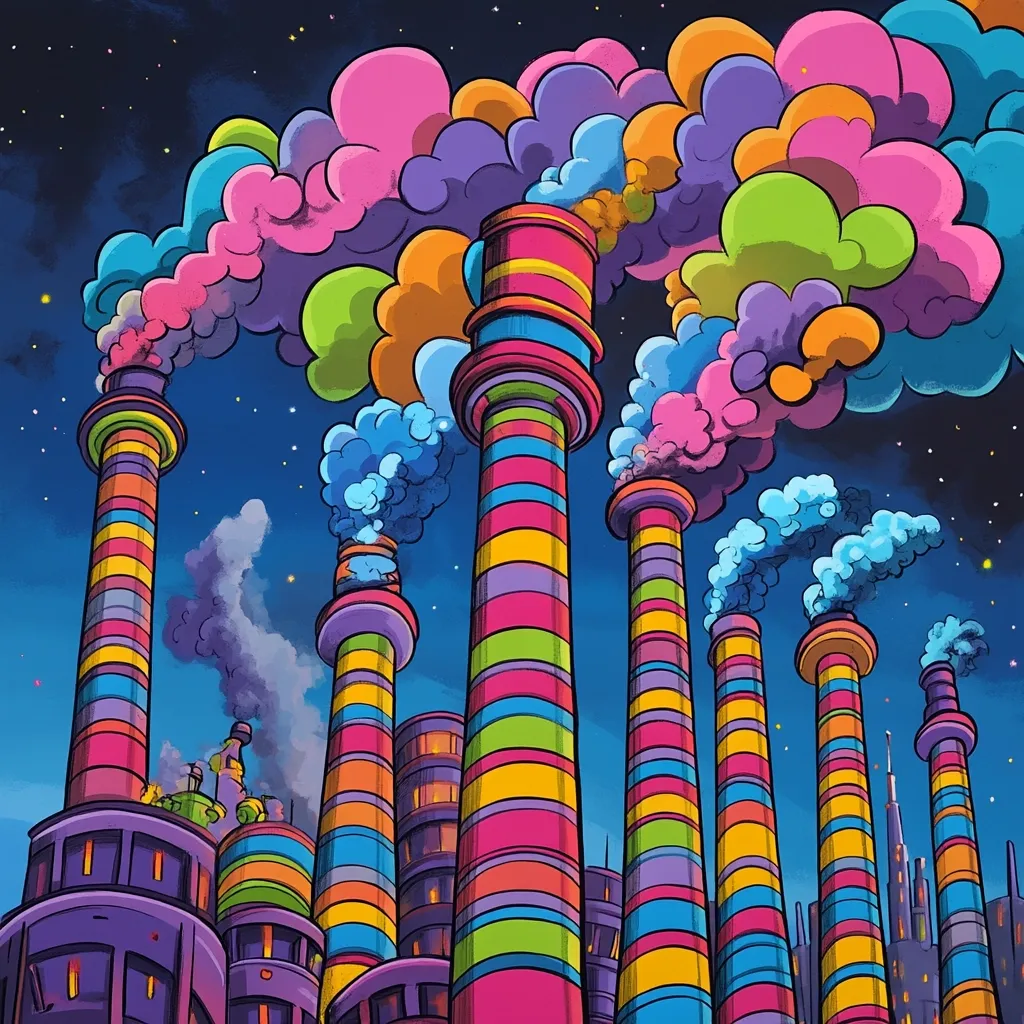 A whimsical illustration depicts a cityscape at night, dominated by brightly colored, striped factory smokestacks emitting rainbow-hued smoke.  The vibrant colors contrast with the dark night sky, creating a surreal and playful atmosphere. The factory buildings are similarly stylized, adding to the overall fantastical feel of the artwork.