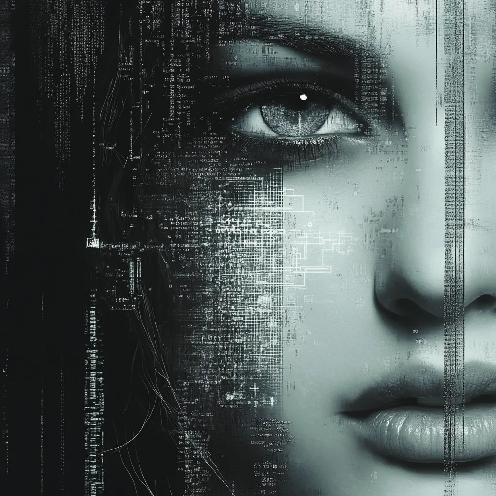 A close-up, monochromatic image depicts a woman's face overlaid with a matrix of digital code and circuit board patterns.  Her eye is strikingly visible, contrasting with the abstract, technological background. The grayscale palette enhances the futuristic, almost cyberpunk aesthetic, suggesting themes of artificial intelligence, data processing, or digital identity.  The effect is both beautiful and unsettling, blending organic and synthetic elements.