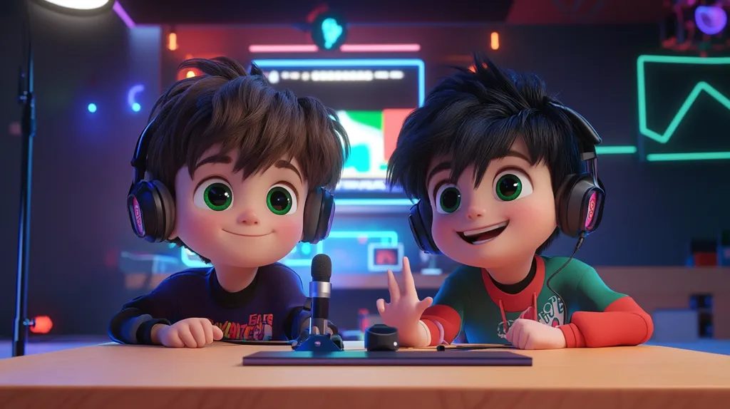Two adorable cartoon boys, wearing headphones, sit at a desk in front of a computer.  They appear to be live-streaming or recording a video game session.  The brightly lit room has a gaming aesthetic with neon accents.  The boys have large, expressive eyes and cheerful expressions, suggesting a fun and energetic atmosphere.  A microphone is positioned between them, ready for their broadcast.