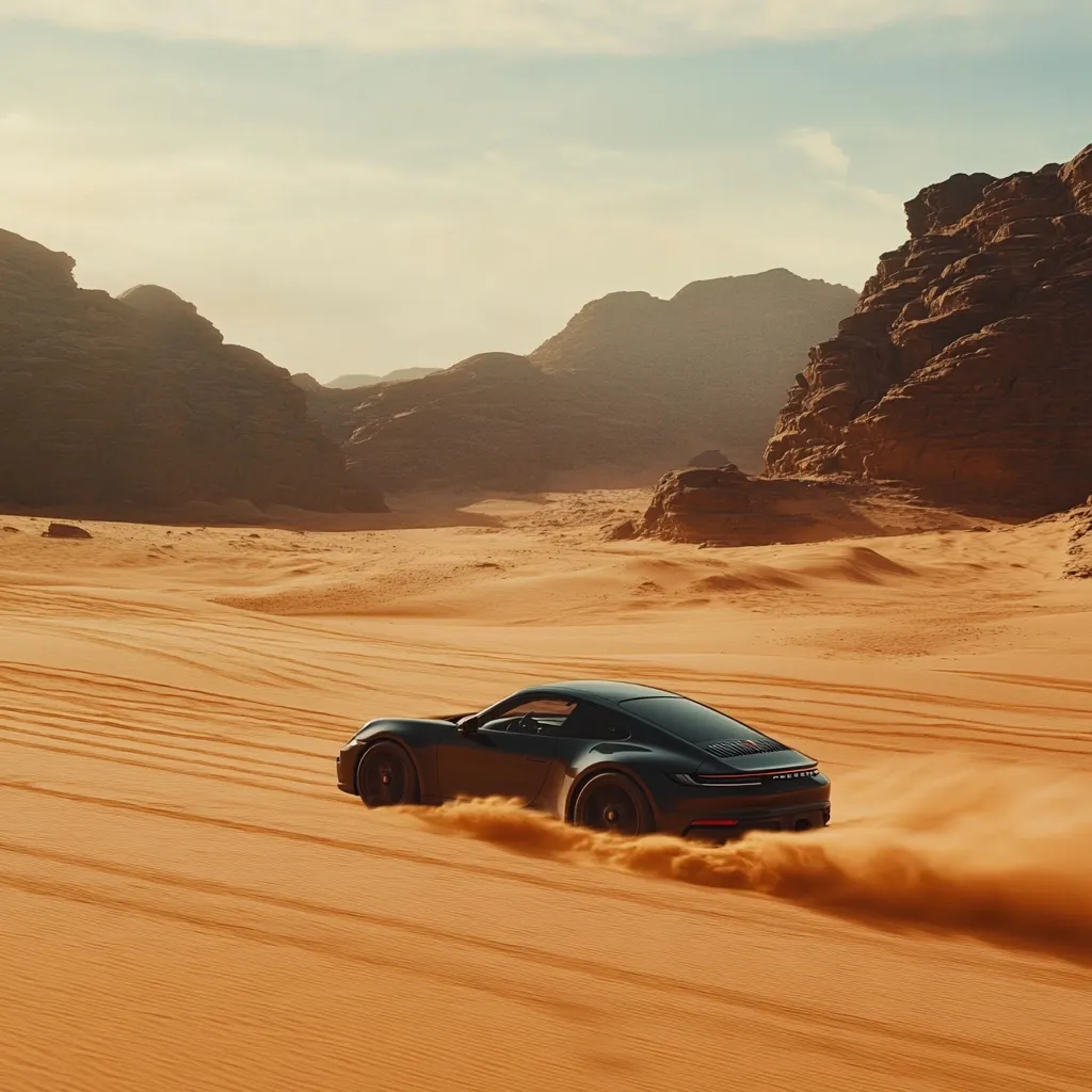 A dark-colored Porsche sports car speeds across a vast, sandy desert landscape.  Towering sandstone rock formations rise in the background under a pale, hazy sky. The car kicks up a cloud of sand as it drives, leaving tire tracks in its wake. The scene evokes a sense of adventure and freedom in a dramatic, arid environment.