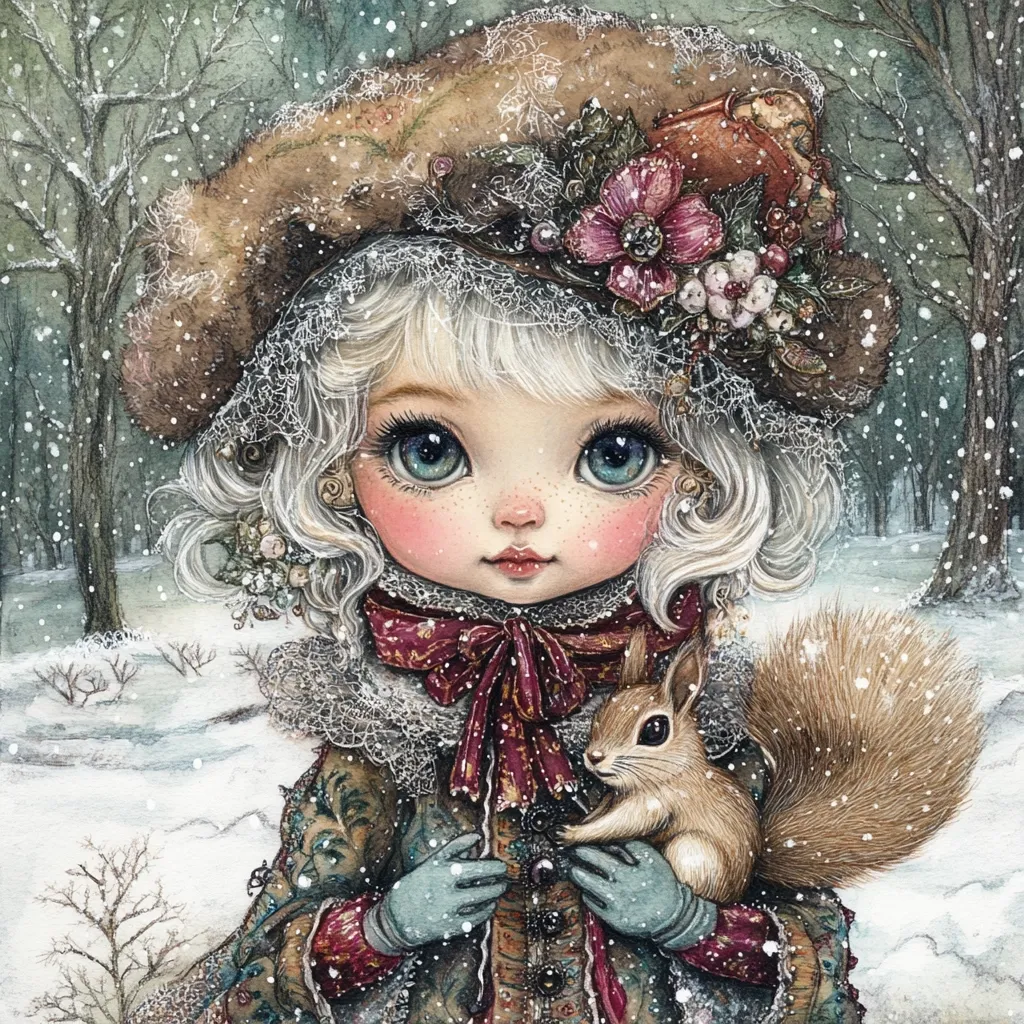 A whimsical watercolor painting depicts a young girl with large, expressive eyes and white hair, wearing a brown fur hat adorned with flowers.  She's dressed in an ornate, vintage-style coat and gloves, cradling a fluffy brown squirrel.  Snow gently falls in a wintry woodland background.  The overall style is delicate and enchanting, evoking a fairytale atmosphere.