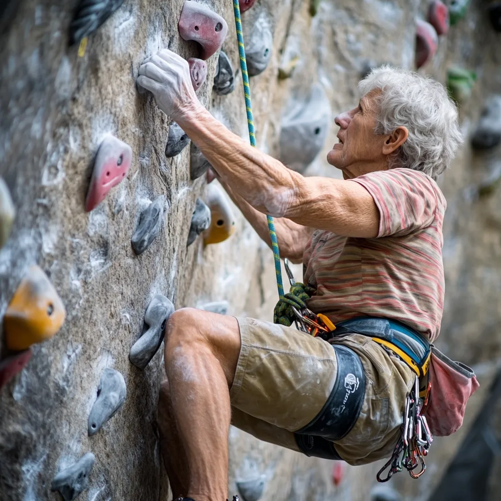 An elderly man with gray hair is indoor rock climbing.  He's powerfully gripping a hold on a textured rock wall, his body angled upwards.  He's wearing a striped short-sleeved shirt, khaki shorts, and climbing harness with carabiners.  The image emphasizes his strength and determination as he ascends the challenging climb.