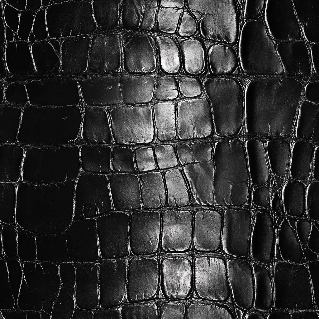 A close-up image showcases the textured surface of black alligator skin.  The image is in monochrome, highlighting the intricate pattern of raised, rectangular scales.  The leather appears smooth and polished, with subtle variations in tone and sheen. The scales are uniformly sized and arranged, creating a visually appealing, repetitive pattern.