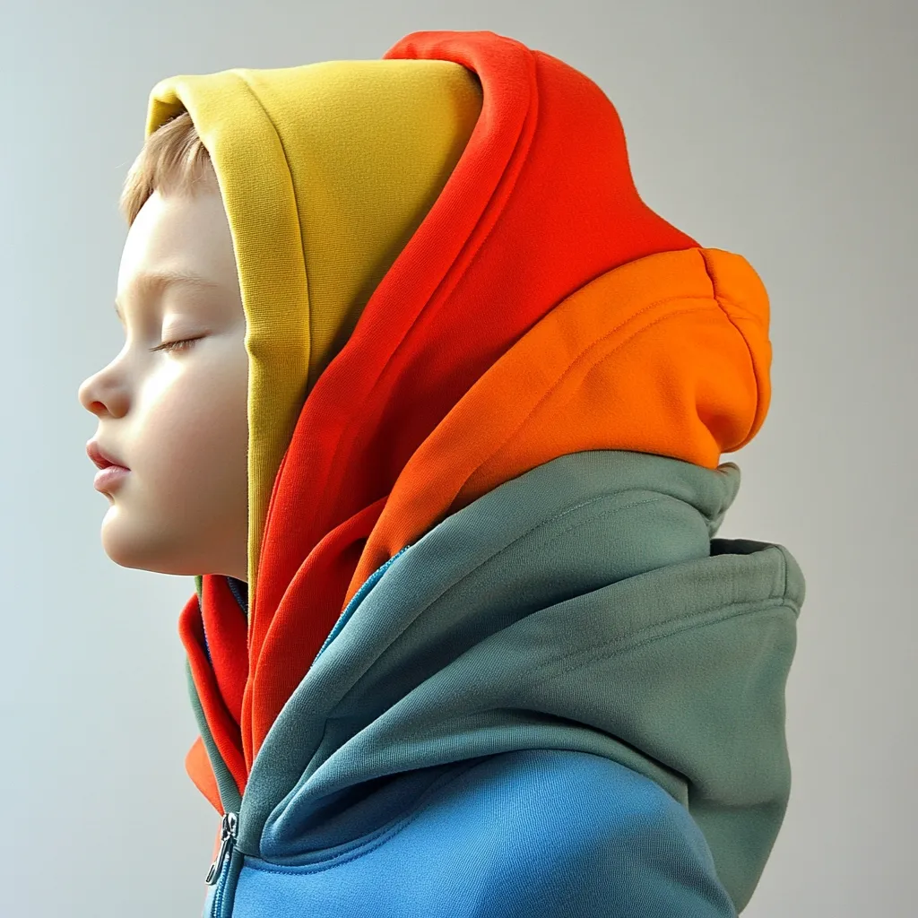 A young child is shown in profile, eyes closed, wearing a layered hoodie.  The hoodie features vibrant colors stacked on top of each other: mustard yellow, red, orange, sage green, and finally a light blue outer layer. The child's serene expression contrasts with the bright, layered fabric. The image evokes a feeling of warmth and comfort.