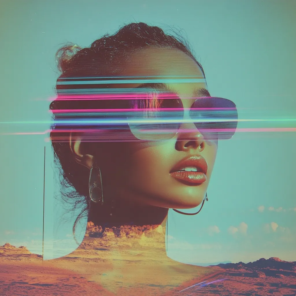 A stylized portrait of a woman wearing sunglasses is overlaid with a desert landscape.  Vibrant, multicolored streaks of light cross her face, creating a futuristic, dreamlike effect. The image blends reality and fantasy, with the woman's features sharp against the soft, blurred background of the arid scene.  Her expression is confident and alluring.