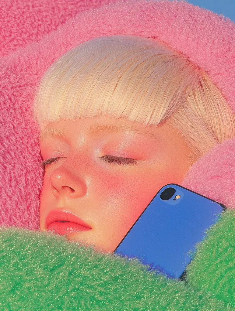 Close-up of a person with blonde bangs sleeping peacefully.  Their face is softly lit, and rosy cheeks are visible.  A vibrant blue phone rests against their cheek.  They are nestled in fluffy, pastel-colored textiles – pink above and green below. The overall aesthetic is soft, dreamy, and colorful.
