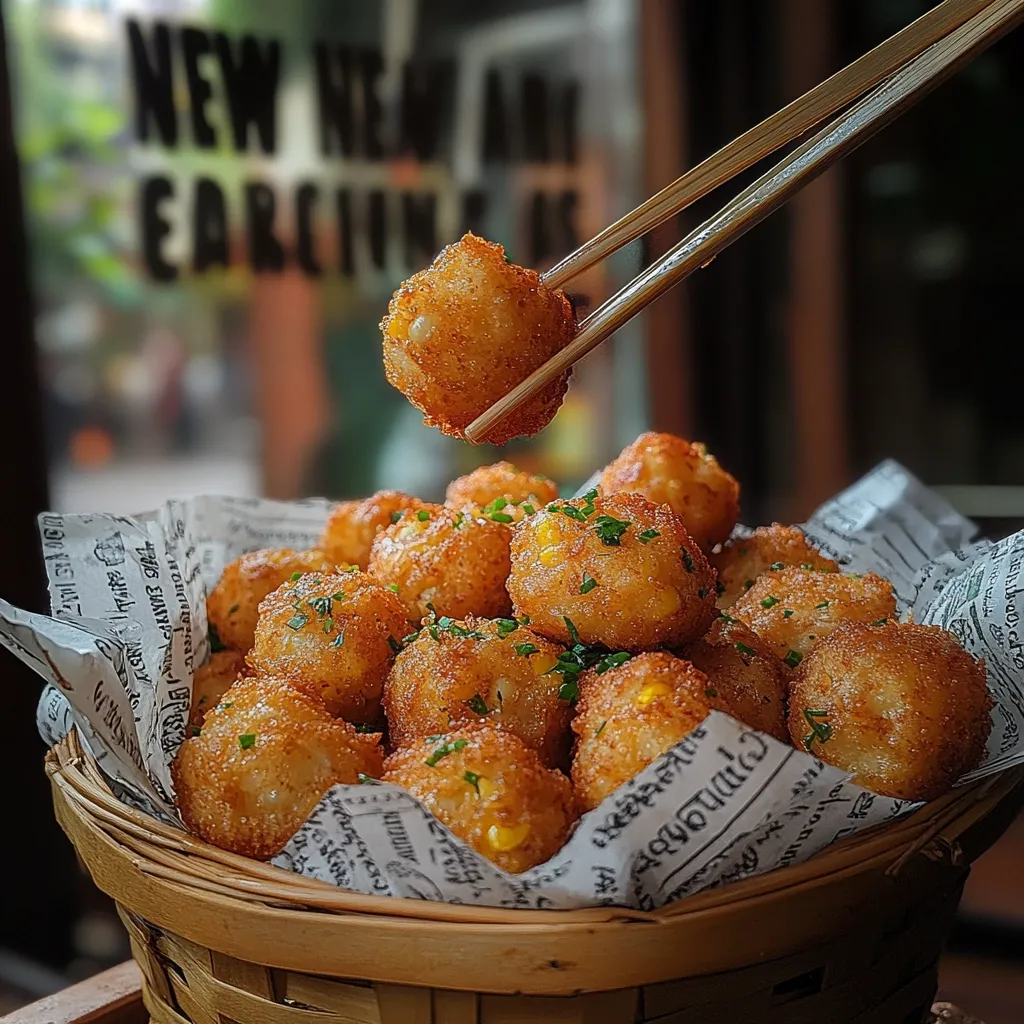A basket overflowing with golden-brown, crispy corn fritters.  One fritter is delicately lifted by chopsticks, showcasing its texture and the vibrant green herbs sprinkled on top. The fritters rest on newspaper lining a rustic wooden basket, creating a visually appealing and appetizing image.
