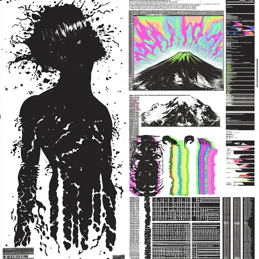 The artwork is a complex collage combining a large, stylized black figure with abstract elements. The figure appears to be dissolving or melting, its form indistinct.  Alongside it are various graphical representations: data visualizations, mountain landscapes rendered in black and white, and vibrant, multicolored abstract patterns. The overall aesthetic is a blend of chaotic energy and structured data, suggesting a tension between organic and technological forms.