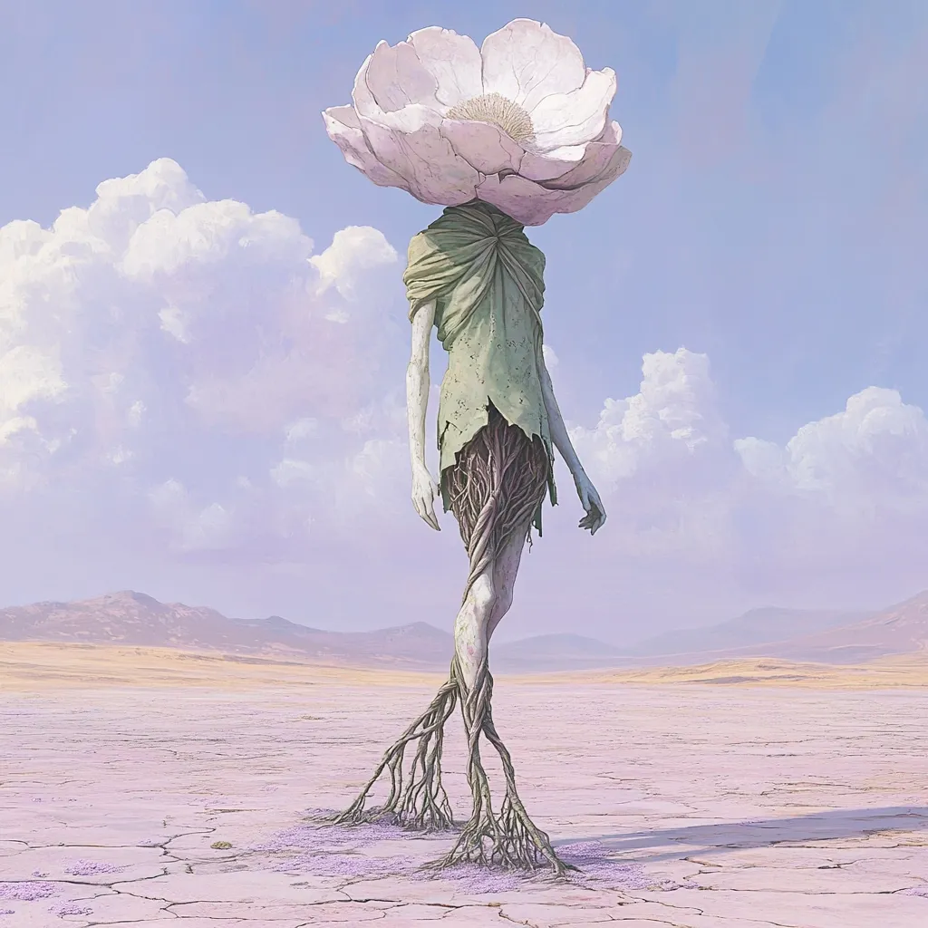 A surreal digital painting depicts a humanoid figure with a large white flower for a head.  Its body is a pale, flesh-like color, with tree roots forming its legs and extending into the cracked, pale pink earth of a desert landscape.  The figure wears a tattered, light green garment.  A soft, blue sky with fluffy white clouds provides a backdrop to this otherworldly scene.
