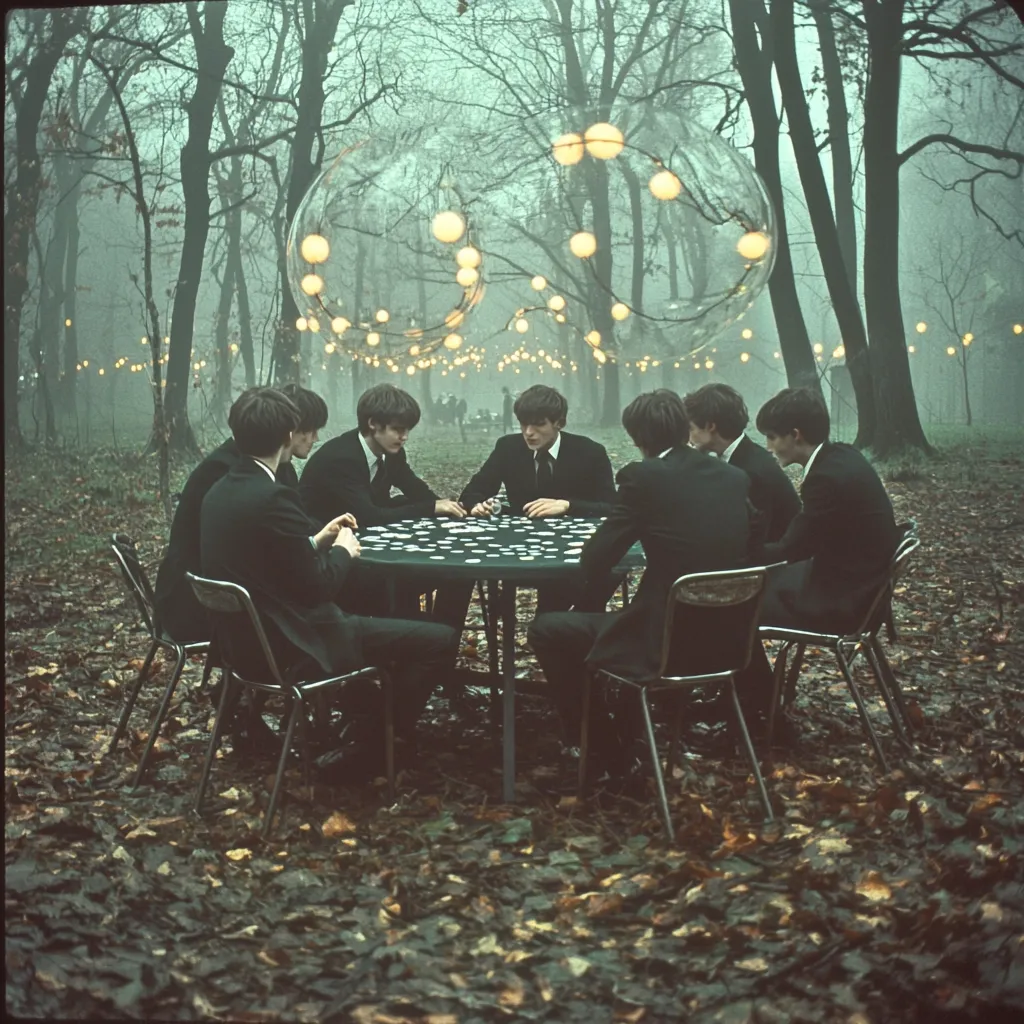 The Beatles are seated around a round table in a misty forest, illuminated by a large transparent sphere containing string lights.  They appear to be playing a game, small objects scattered on the table.  The scene is atmospheric and mysterious, the dark trees and muted colors enhancing the dreamlike quality.  The overall mood is serene and contemplative.