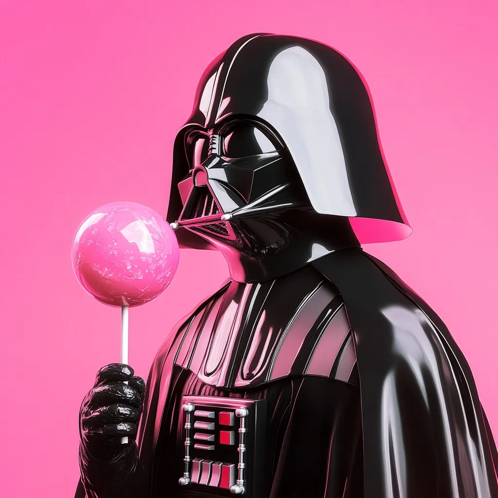 Darth Vader, the iconic villain from Star Wars, is depicted against a vibrant pink background.  He holds a large, pink lollipop, creating a striking contrast between his dark, imposing figure and the sweet treat. The image is a playful juxtaposition of darkness and light, menace and innocence, showcasing a unique and memorable visual. The glossy surfaces of both Vader's suit and the lollipop add to the image's sleek aesthetic.