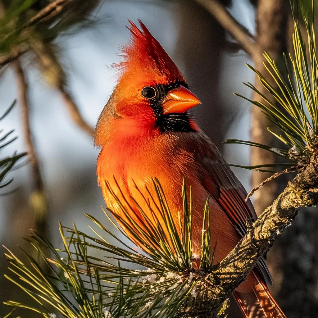 A vibrant male Northern Cardinal perches on a snow-dusted pine branch.  Its bright red plumage is illuminated by sunlight, contrasting beautifully with the deep green needles.  The bird's sharp, black beak and intense gaze are clearly visible, showcasing its striking features. The background is softly blurred, focusing attention on the cardinal's brilliant color.