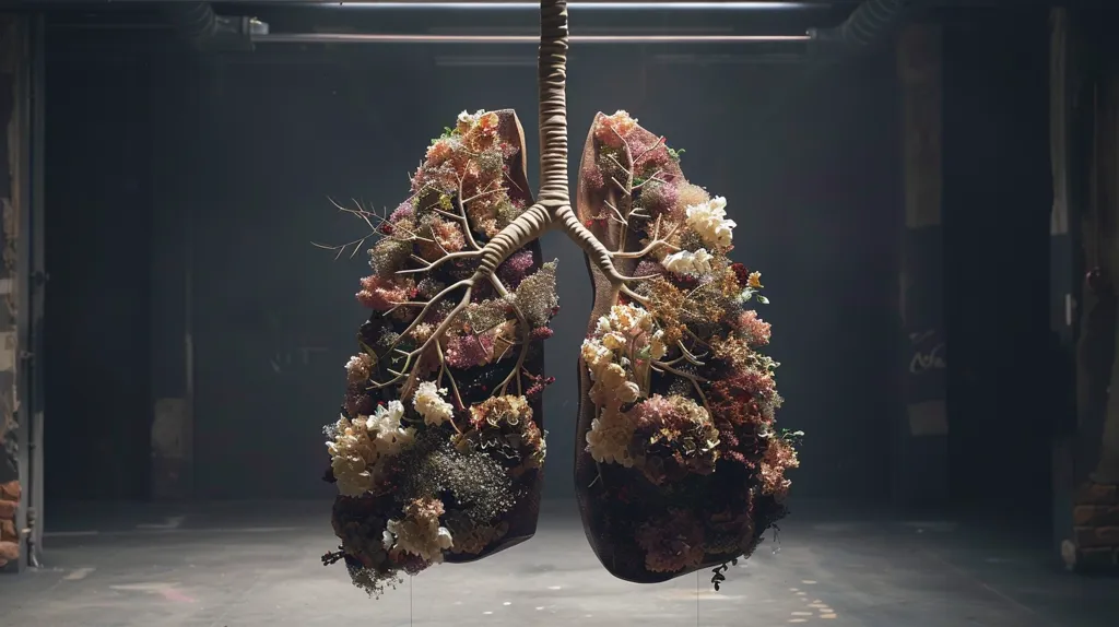 A model of human lungs hangs in a dark, industrial space.  The lungs are intricately filled with dried flowers and foliage in muted tones of beige, brown, and purple, creating a striking contrast against the dark background. The delicate flowers and the anatomical structure of the lungs combine to create a poignant and artistic image.