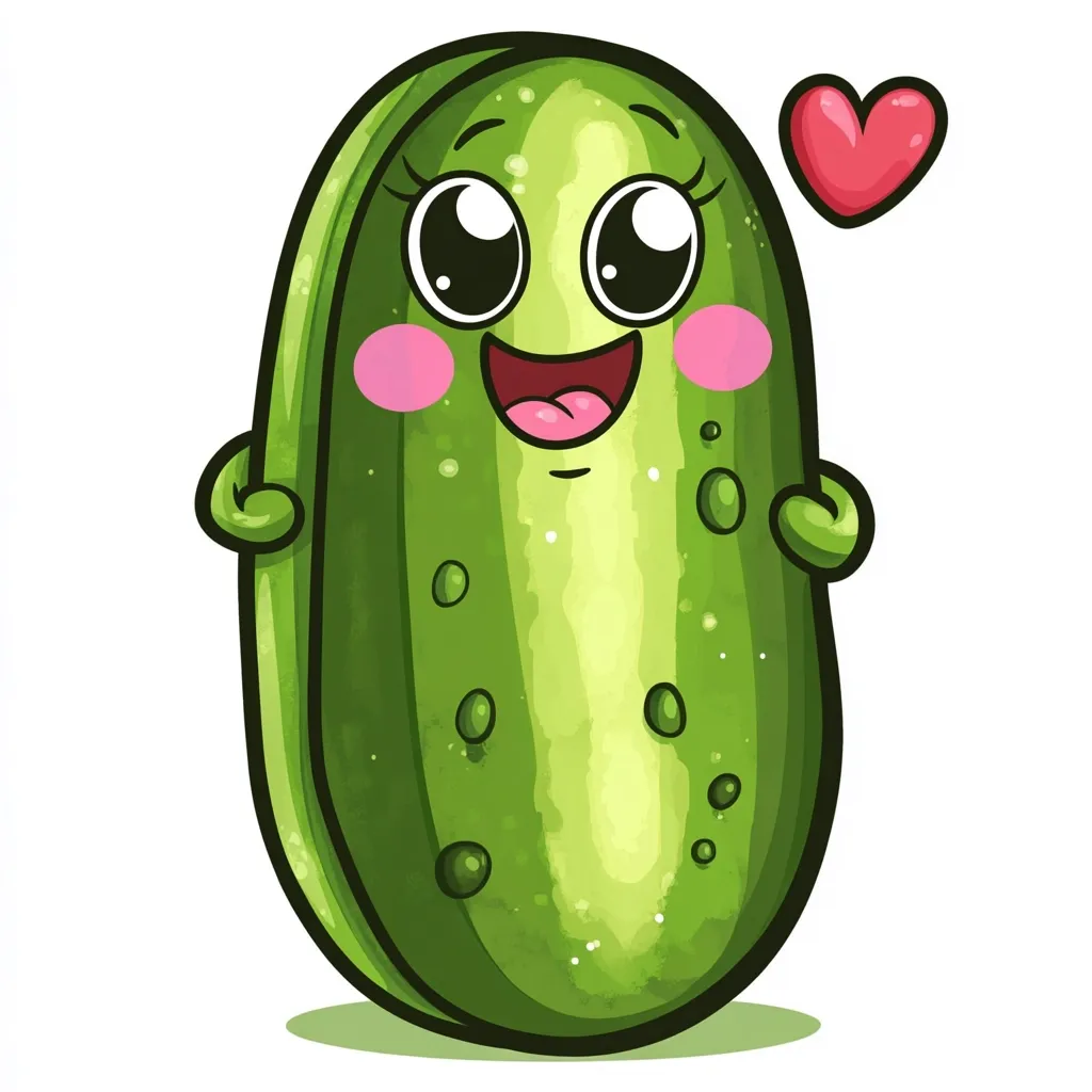 A cute cartoon cucumber with large, expressive eyes and rosy cheeks smiles happily.  Its small arms are gently raised. A pink heart floats nearby, suggesting affection or love. The cucumber is depicted in a vibrant green, with a textured surface showing small bumps. The style is playful and childlike.