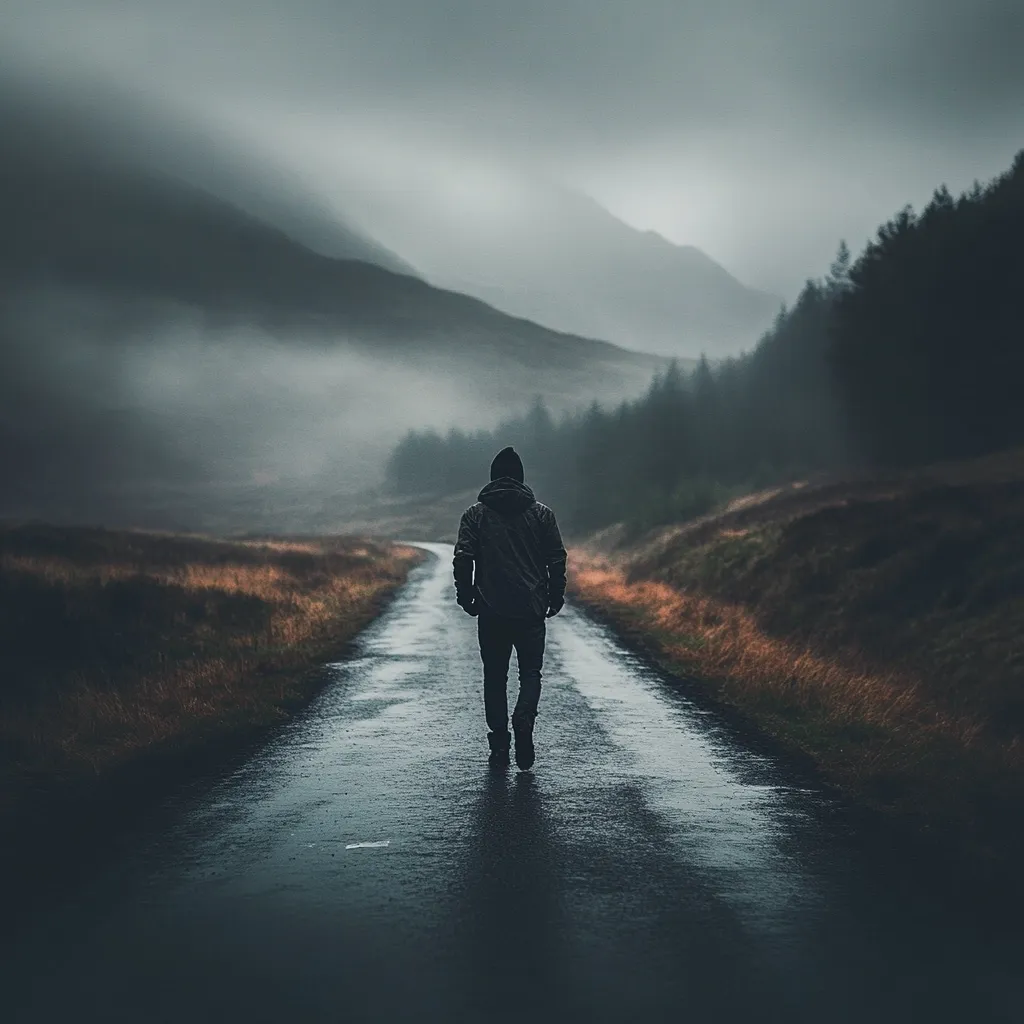 A lone figure walks down a wet, empty road.  The path stretches towards a misty, mountainous landscape shrouded in fog.  Dark, coniferous trees line the roadside. The overall mood is somber and atmospheric, emphasizing solitude and the vastness of nature. The person's back is to the viewer, conveying a sense of journey and introspection.