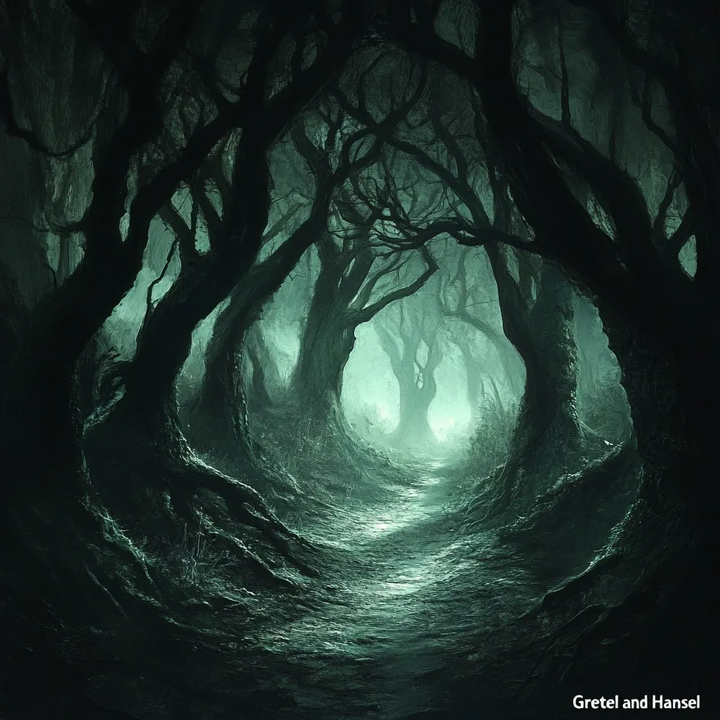 A dimly lit path winds through a dark, eerie forest.  Thick, gnarled trees arch overhead, their branches intertwining to create a shadowy tunnel.  A faint, ethereal glow emanates from the path's end, beckoning the viewer deeper into the mysterious woods.  The overall atmosphere is ominous and suggestive of a fairy tale setting.