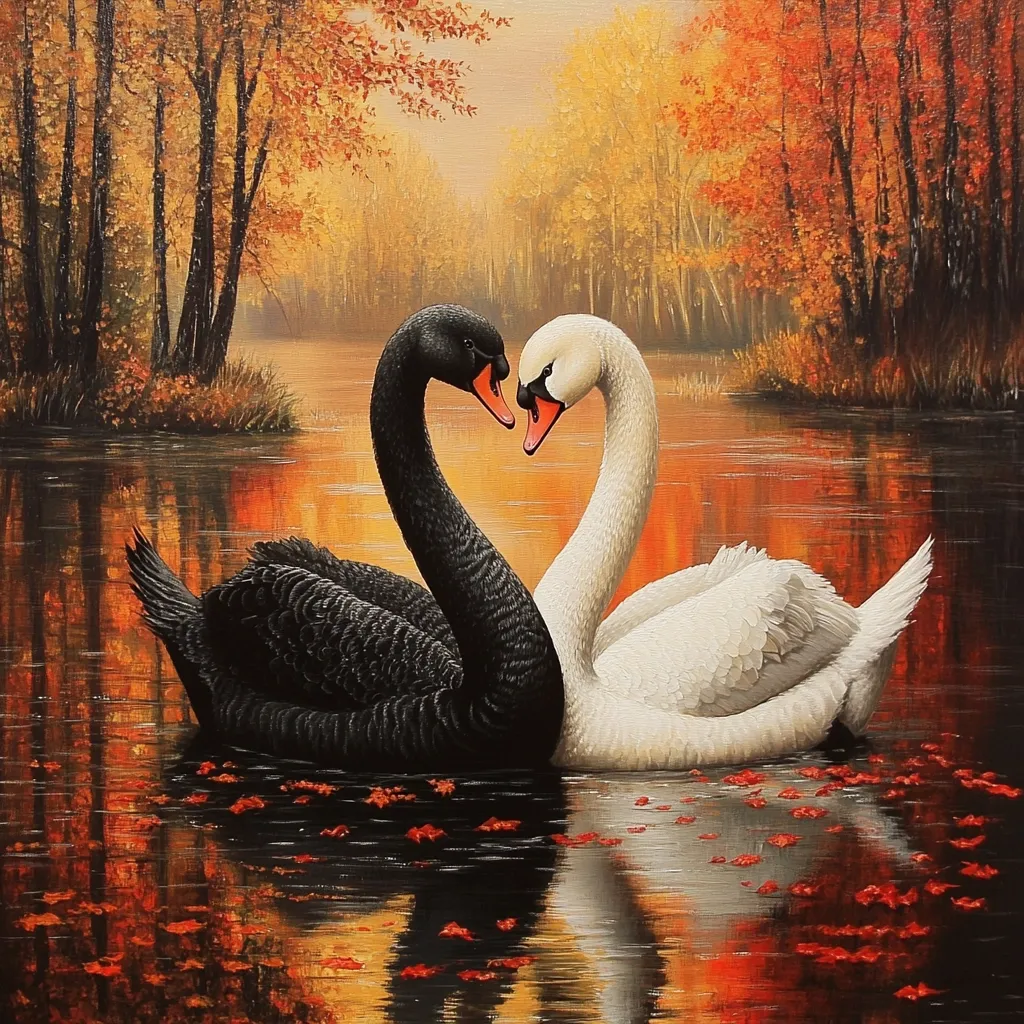 A black swan and a white swan are intertwined, their necks forming a heart shape on a calm autumn lake.  The water reflects the vibrant colors of the surrounding autumnal trees, scattered with fallen leaves.  The scene is idyllic and peaceful, evoking a sense of romance and tranquility. The painting's style is realistic, with attention to detail in the swans' plumage and the landscape's textures.