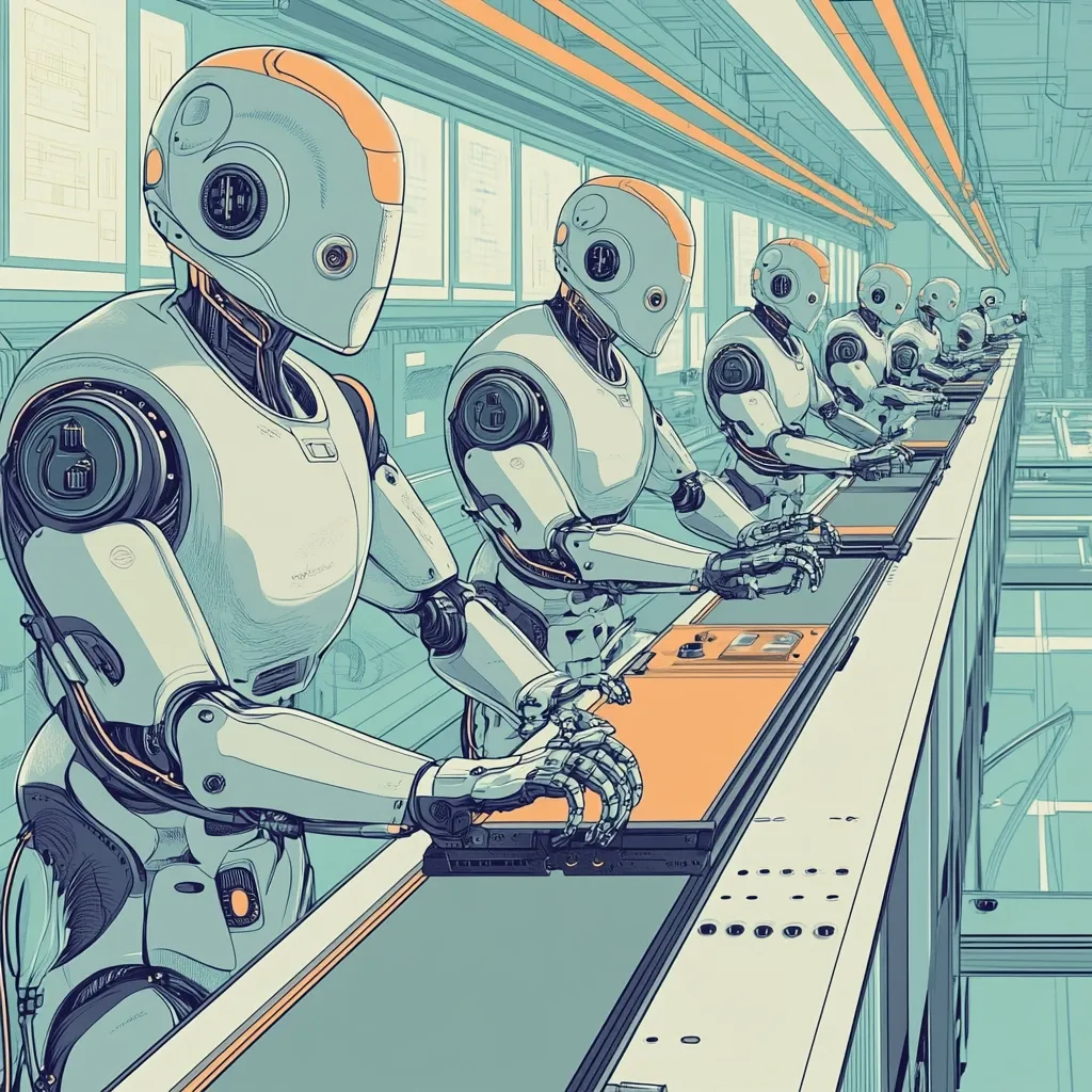 A line of humanoid robots, meticulously designed with intricate details, works diligently at a futuristic assembly line.  Their uniform movements and identical appearance suggest an automated, highly efficient process. The teal and orange color palette creates a striking visual contrast against the clean lines of the industrial setting.  The image evokes a sense of advanced technology and possibly mass production.