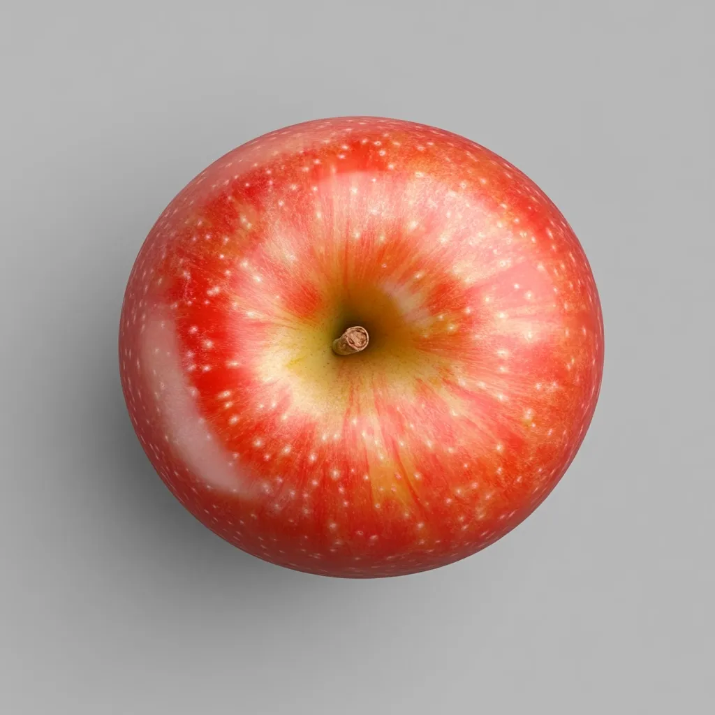 A single, ripe red apple is shown from a bird's-eye view against a plain gray background.  The apple is vibrant in color, with subtle variations in shading across its surface.  Its stem is clearly visible in the center, and the skin appears smooth and glossy.  The overall image is clean and crisp, highlighting the apple's fresh appearance.