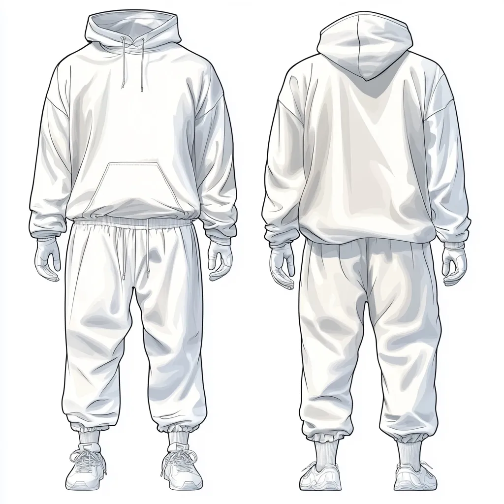 A technical drawing showcases a complete white tracksuit.  The front and back views are presented, illustrating a hooded sweatshirt with a kangaroo pocket and matching drawstring sweatpants. The model wears light-colored sneakers. The design emphasizes clean lines and a relaxed fit, ideal for casual wear. The detailed illustration is suitable for apparel design or manufacturing.