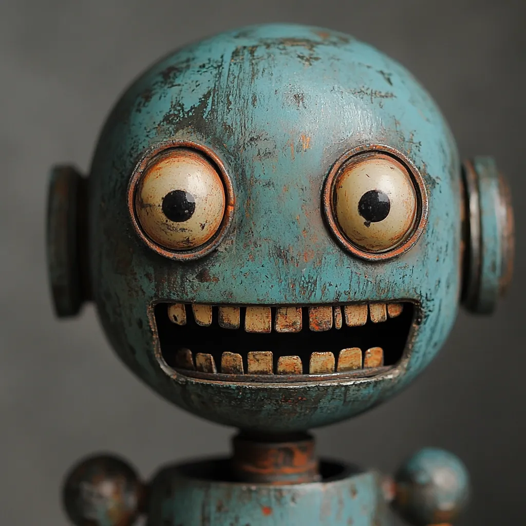 A close-up shot reveals a whimsical, aged robot. Its teal body shows signs of wear, complementing its large, expressive eyes and wide, toothy grin. The robot's construction appears handcrafted, with visible rivets and a distressed metallic finish. The overall aesthetic is one of quirky charm and vintage appeal.