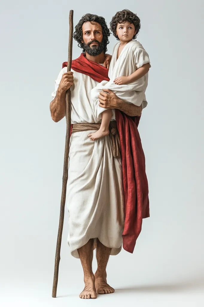 A lifelike statue depicts a man, possibly representing a biblical figure, carrying a young child on his shoulder.  The man wears a flowing white robe with a red drape, and holds a staff. The child is calmly nestled against him.  The statue is set against a plain light gray background, highlighting the detail of the figures and their clothing.  The overall impression is one of tenderness and protection.