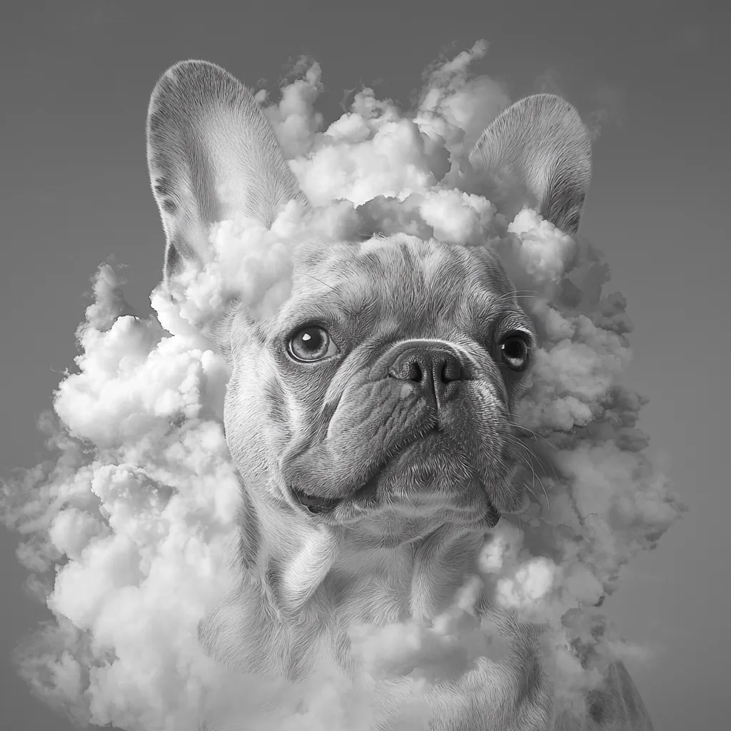 A black and white image depicts a French Bulldog seemingly emerging from, or enveloped in, a fluffy cloud formation.  The dog's face is clearly visible, its expression serene. The clouds surround its head and shoulders, creating a surreal and dreamlike effect. The contrast between the dog's defined features and the soft, ethereal clouds is striking.