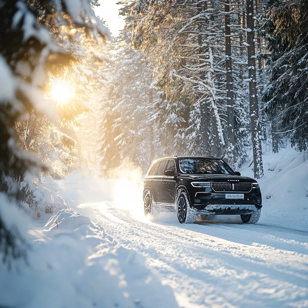 A black SUV drives down a snowy, wooded road at sunset.  The sun shines through the snow-laden trees, creating a magical winter scene.  The vehicle appears to be a luxury model, navigating the winter conditions with ease.  Tire tracks are visible in the snow, showcasing the vehicle's journey through the picturesque landscape.