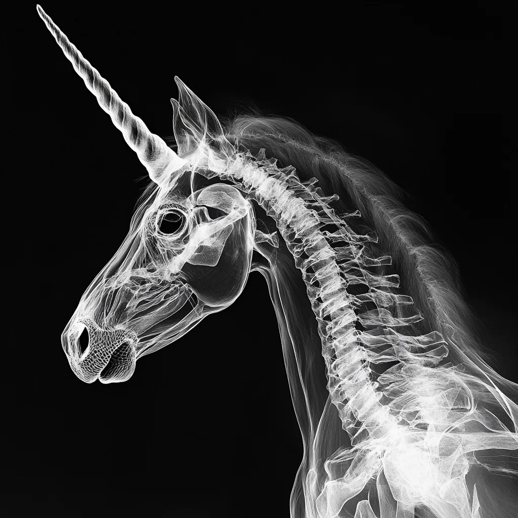 A stylized depiction of a unicorn's head and neck, rendered in a skeletal, x-ray-like fashion against a black background.  The image showcases the intricate bone structure, including the spine and skull, alongside the flowing mane and single, prominent horn.  The white lines create a translucent effect, emphasizing the delicate structure of the mythical creature.