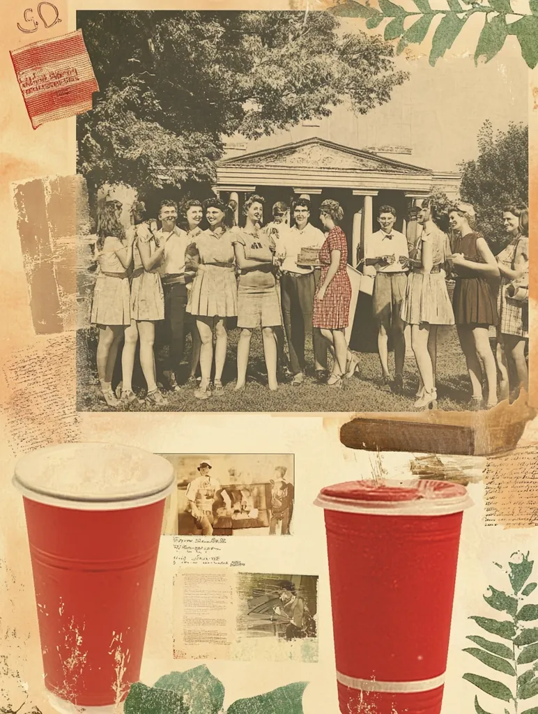 A sepia-toned photograph shows a group of young women in 1950s attire, standing in front of a large house. They appear to be a sorority or social club.  The main image is surrounded by ephemera, including red plastic cups, newspaper clippings, and botanical illustrations, creating a vintage collage effect.  The overall aesthetic evokes nostalgia and a sense of bygone eras.