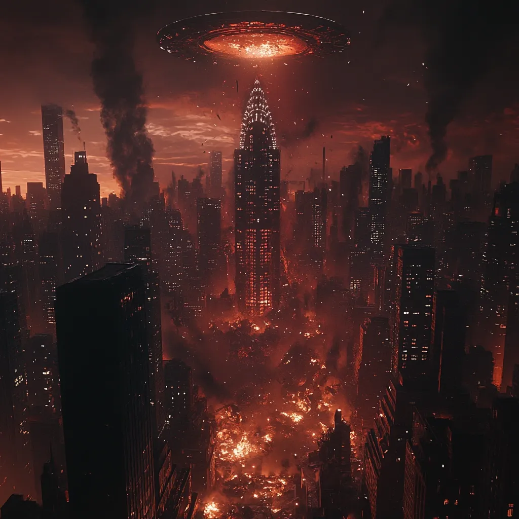 A futuristic city, possibly New York, is engulfed in flames.  A large, ominous spacecraft hovers above, casting an eerie red glow on the burning cityscape.  Debris rains down as buildings crumble amidst the inferno.  The scene is apocalyptic, depicting a catastrophic event with a dark, ominous atmosphere. The Chrysler Building stands prominently, seemingly targeted.