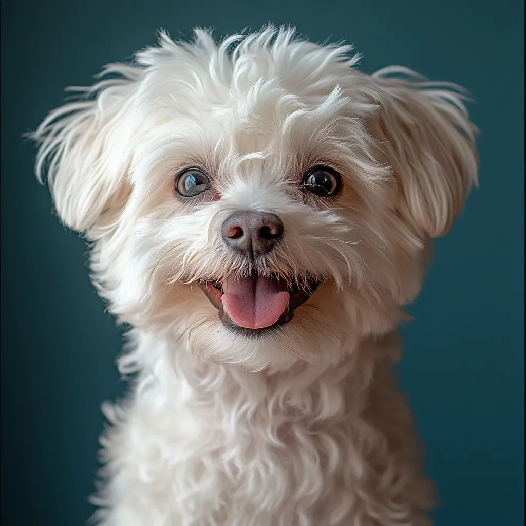 A fluffy white dog, possibly a Maltese or similar breed, smiles broadly, its pink tongue visible.  The dog's fur is thick and wavy, and its dark eyes are expressive.  The background is a deep teal, providing a contrast to the dog's bright white coat. The image is a close-up portrait, focusing on the dog's face and upper body.