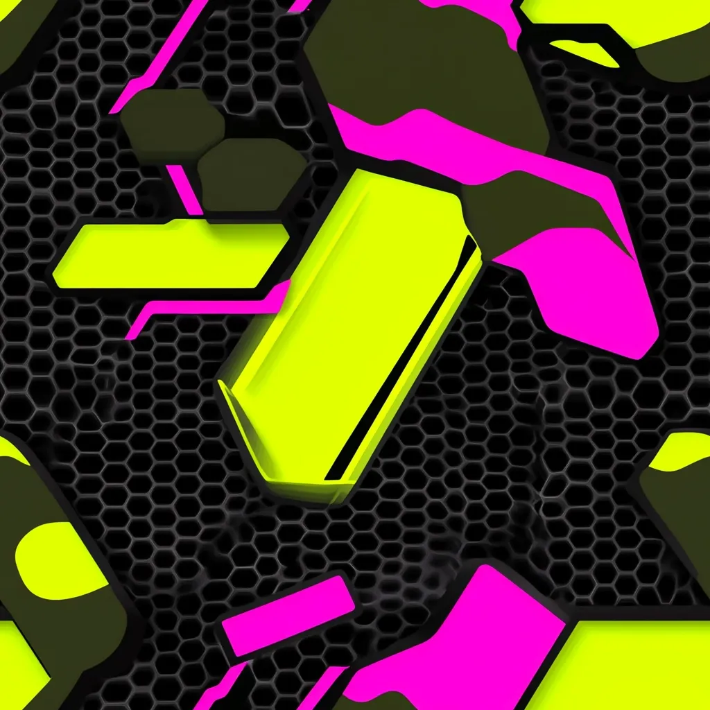 The image showcases an abstract design featuring a black honeycomb grid as a backdrop.  Bold, geometric shapes in bright neon yellow and vibrant pink are layered over the grid, creating a dynamic and energetic composition. The shapes appear three-dimensional, with shadows suggesting depth and texture.  The overall aesthetic is modern, possibly inspired by futuristic or racing themes.