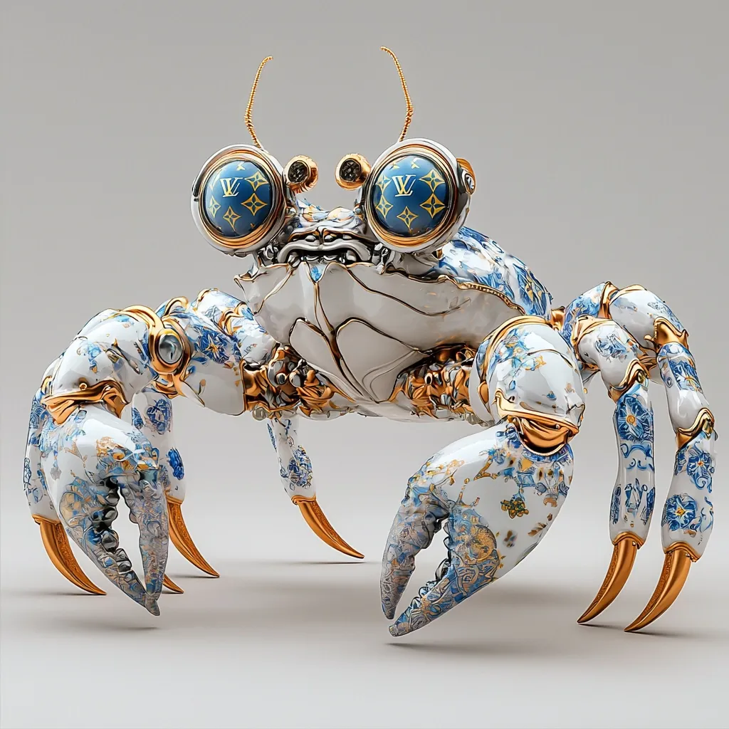 A robotic crab is depicted, adorned in a porcelain-like finish with blue and gold floral patterns.  Its eyes are circular, featuring the Louis Vuitton monogram.  Gold accents highlight the mechanical details, creating a striking blend of luxury branding and biomechanical design. The crab's pose is assertive, its claws prominently displayed. The overall aesthetic is both elegant and futuristic.