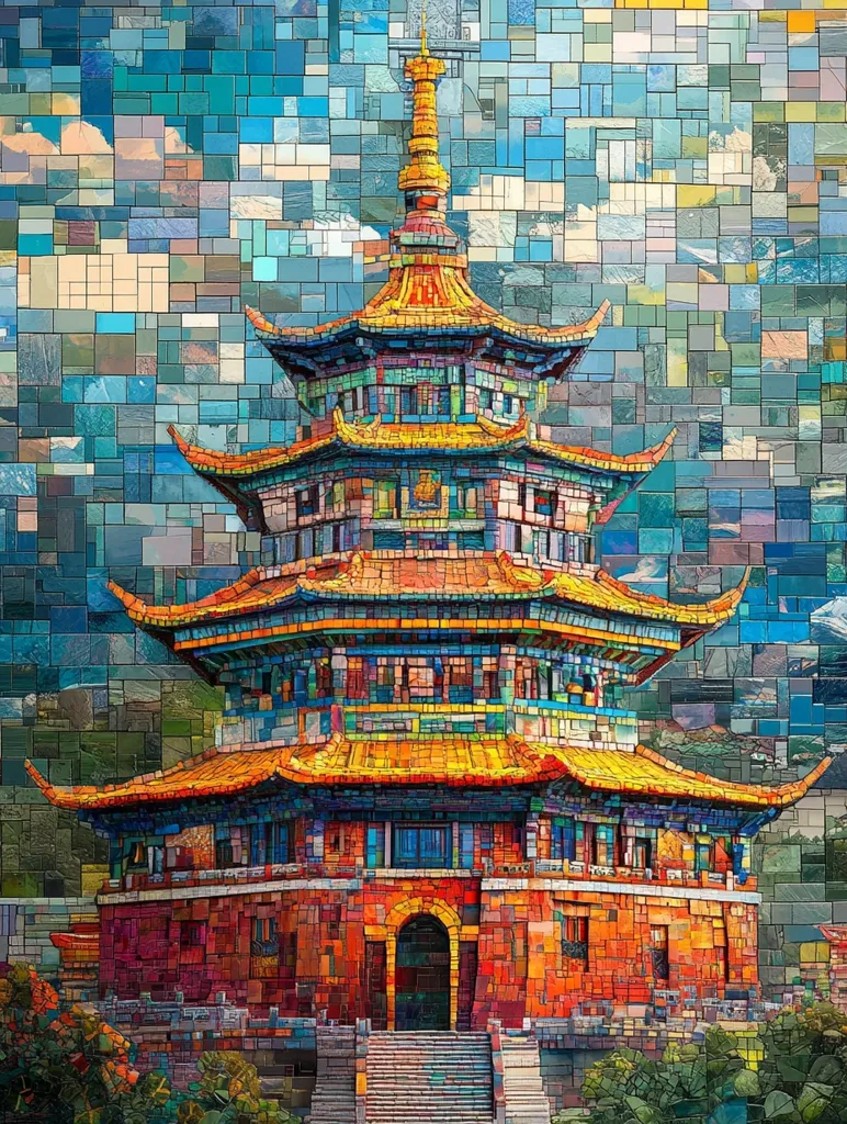 A vibrant mosaic artwork depicts a multi-tiered pagoda, a traditional East Asian temple.  The structure is rendered in a rich palette of reds, oranges, and golds, contrasting against a background of smaller, varied blue and green mosaic tiles suggesting a sky and landscape.  The intricate details of the pagoda's rooflines and architecture are captured in the varied textures and colors of the mosaic.  The overall effect is a striking blend of artistic interpretation and cultural representation.