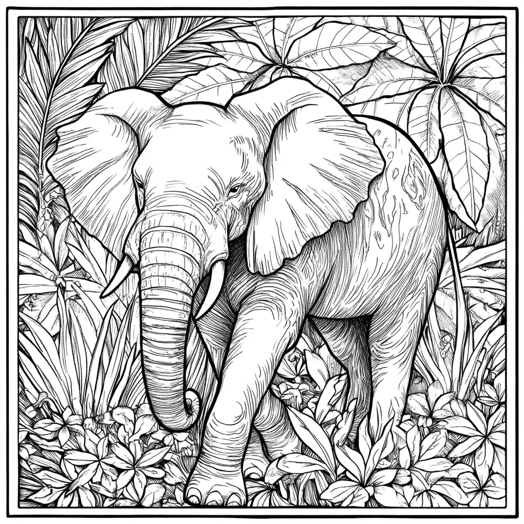 A detailed line drawing depicts an elephant amidst lush tropical foliage.  The elephant, rendered with meticulous shading and texture, stands prominently in the center.  Surrounding it are intricately drawn plants with large leaves and smaller flowering plants at its feet, creating a vibrant jungle scene within a square frame. The style suggests a coloring book page or botanical illustration.