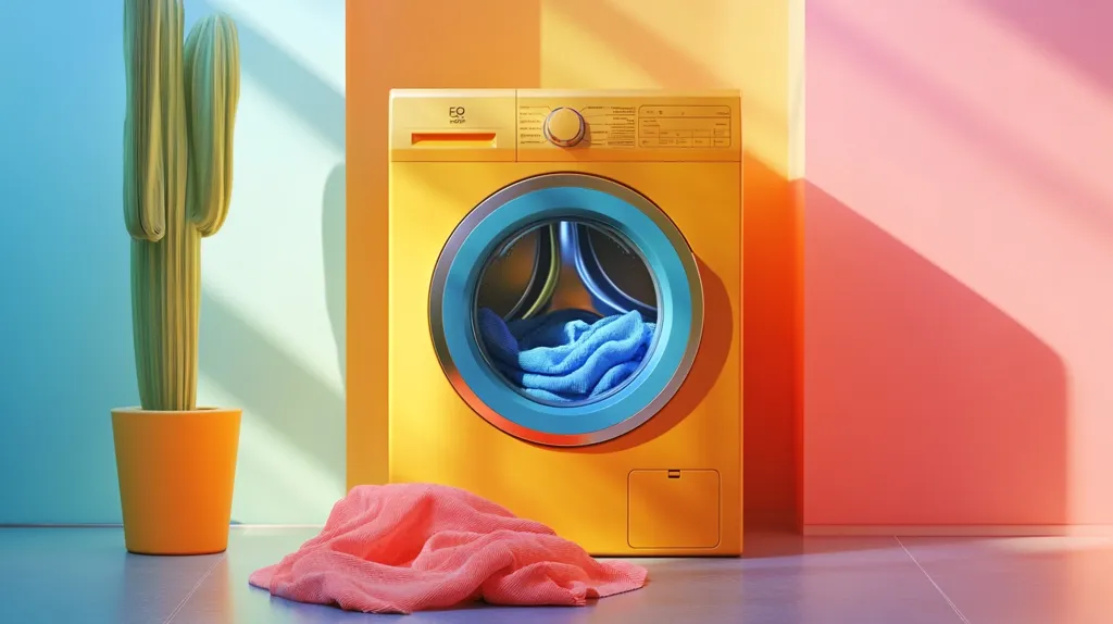 A vibrant yellow washing machine sits against a colorful backdrop of blue, orange, and pink walls.  A teal-colored inner drum is visible, holding a blue garment.  A coral-colored towel rests on the floor in front, adding to the cheerful, modern aesthetic. A tall cactus in an orange pot adds a touch of nature to the scene.  Sunlight casts shadows, enhancing the image's playful mood.