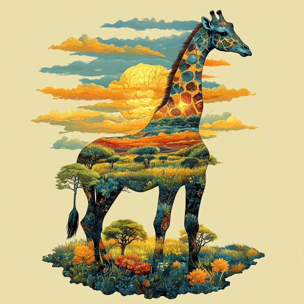 A giraffe silhouette is filled with a vibrant African savanna landscape at sunset.  The giraffe's patterned coat is subtly incorporated into the scene, creating a harmonious blend of animal and environment. Lush vegetation, acacia trees, and a setting sun painted in warm oranges and yellows contrast against the cooler tones of the giraffe's form. The overall effect is a captivating and surreal depiction of nature's beauty.