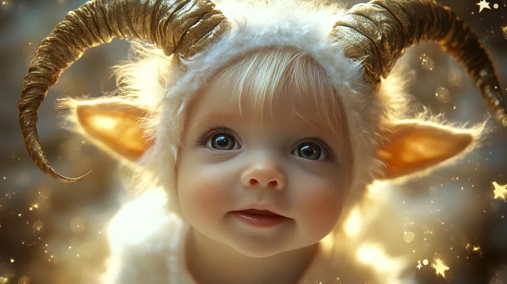 A close-up shot of a baby wearing a charming ram costume.  The costume features fluffy white fur, large golden horns, and adorable ears. The baby's blonde hair peeks out from under the hood.  The image is softly lit, creating a magical, ethereal effect with shimmering golden sparkles in the background.  The baby's expressive eyes and rosy cheeks add to the captivating scene.