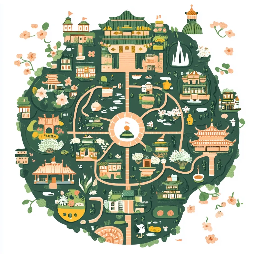 A whimsical illustrated map depicts a circular garden brimming with East Asian-style architecture.  Numerous pagodas, temples, and smaller buildings are interconnected by winding paths, waterways, and blossoming trees.  The central area features a circular plaza, creating a harmonious and peaceful atmosphere.  The style is playful and detailed, suggesting a fictional or idealized place of tranquility.