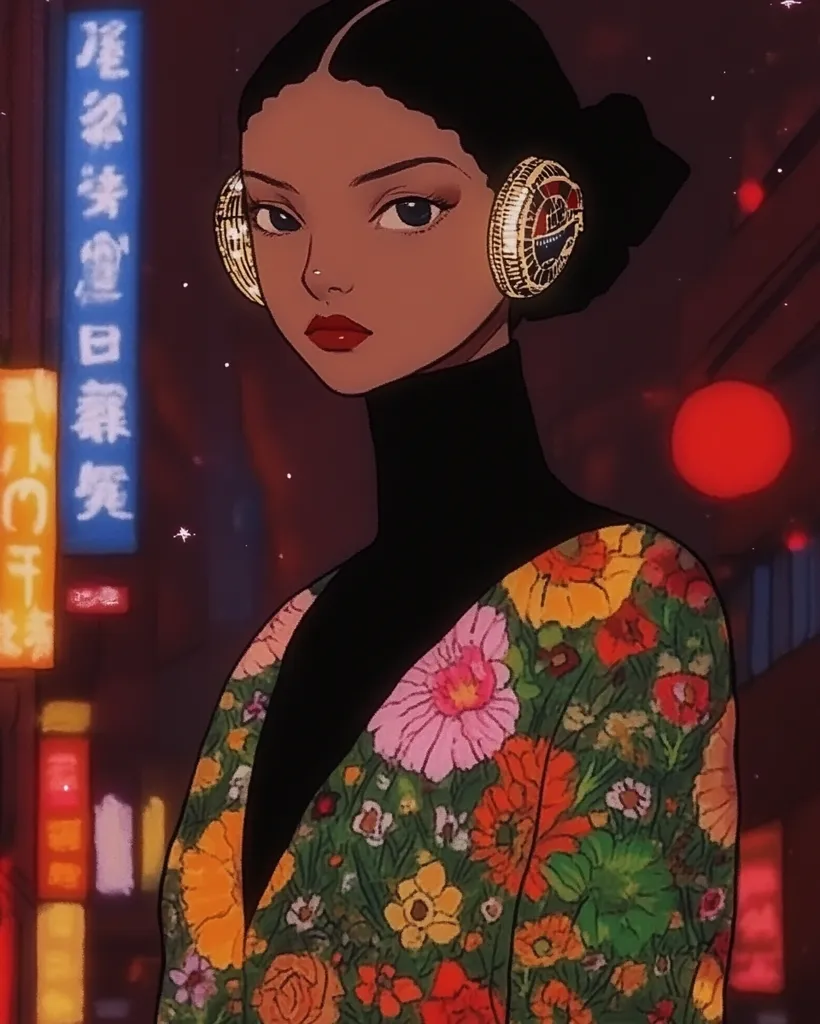 A stylized anime-inspired portrait of a young Black woman with dark hair pulled back, wearing large gold circular earrings and a vibrant floral-print jacket over a black turtleneck.  The background is a blurred cityscape at night, suggesting a Japanese or Asian aesthetic with glowing neon signs.  The art style is reminiscent of vintage anime or graphic design, featuring bold lines and rich colors.