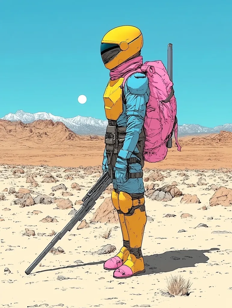 A lone astronaut, clad in a vibrant yellow helmet and teal suit, stands in a desolate, rocky desert landscape.  A pink backpack rests on their shoulders, and they carry a long, slender weapon.  Mountains stretch in the distance under a clear, pale blue sky, a single bright circle hangs in the air. The overall style is minimalist and striking.