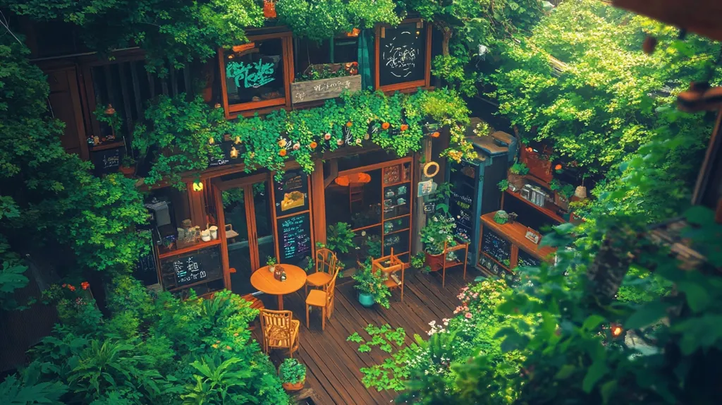 A charming, wood-framed cafe is nestled within a lush, verdant courtyard.  Overgrown with climbing plants and flowers, the building's exterior blends seamlessly with the surrounding greenery.  A small, wooden patio set sits on a deck, offering a tranquil outdoor seating area.  The cafe's windows display handwritten signs and glimpses of its interior, creating a cozy and inviting atmosphere.  The overall scene is one of peaceful coexistence between nature and human-made structures.